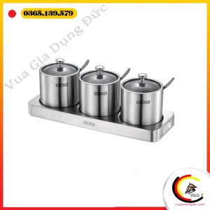 Set 3 hũ đựng gia vị CCKO inox 304 nắp thủy tinh kèm khay