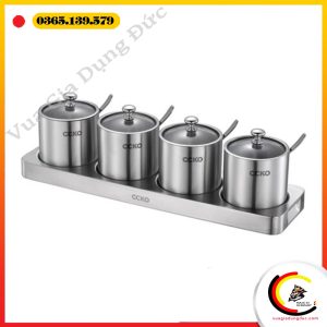 Set 4 hũ đựng gia vị CCKO inox 304 nắp thủy tinh kèm khay