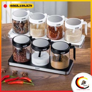 Set 3 hũ đựng gia vị thủy tinh CCKO có tay cầm kèm khay