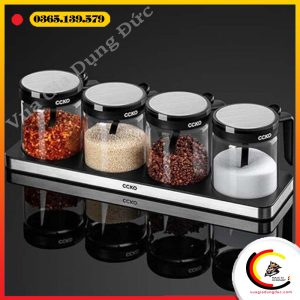 Set 4 hũ đựng gia vị thủy tinh CCKO có tay cầm kèm khay