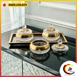 Sét thố pha lê mài mạ vàng Bohemia (1 khay 40cm + 3 thố 12cm)